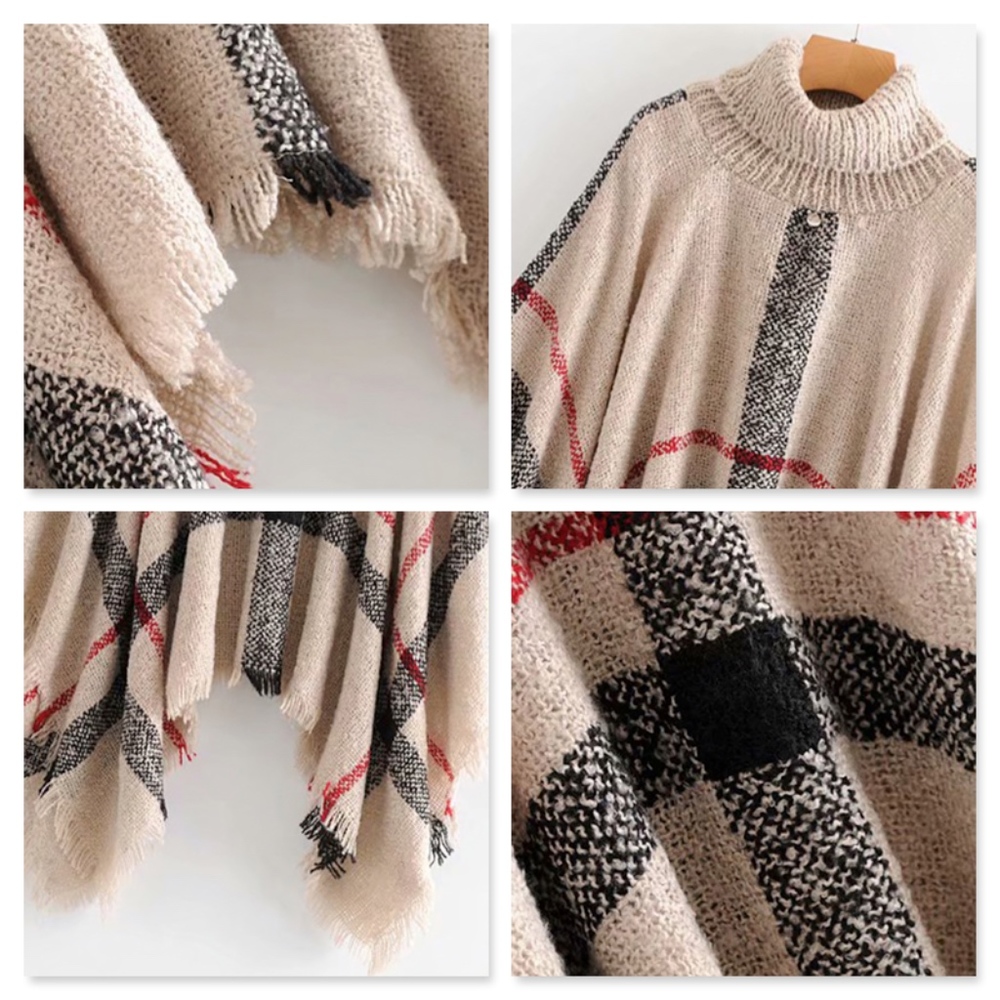 Plaid Beige Turtleneck Poncho - Picture 7 of 8